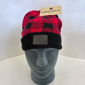 Woolrich Men’s Wool Blend Red Black Buffalo Plaid Cuff Fleece Lined Knit Beanie